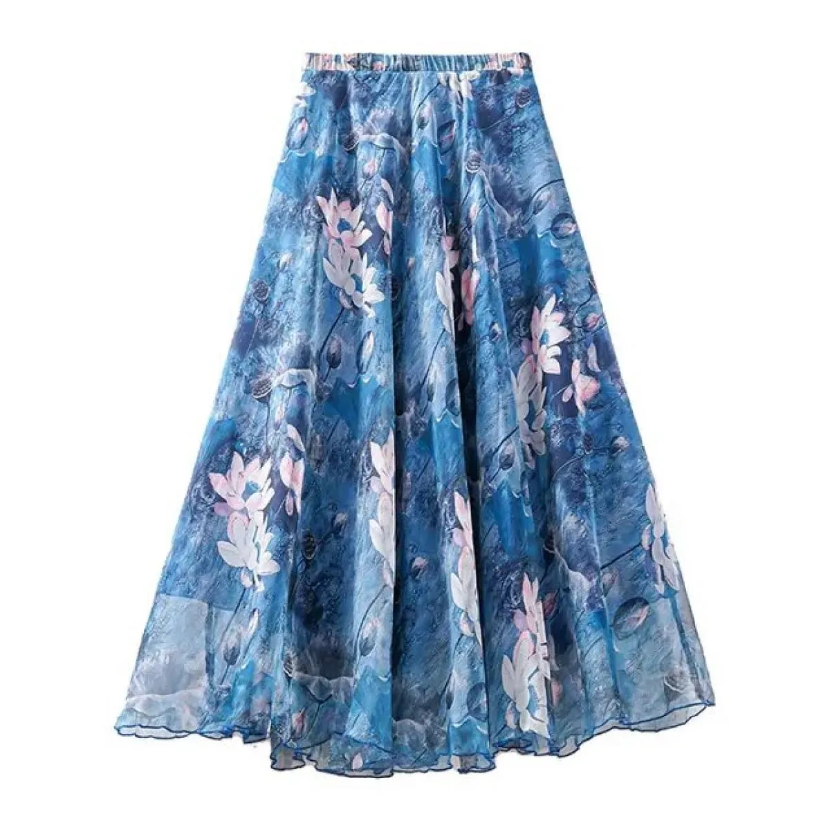 Gonna maxi retrò in chiffon a doppio strato con pieghe floreali in vita elastica classica da donna, gonna leggera da spiaggia fl
