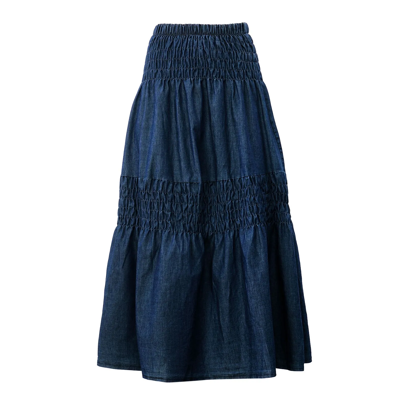 Gonna midi blu in denim con balze