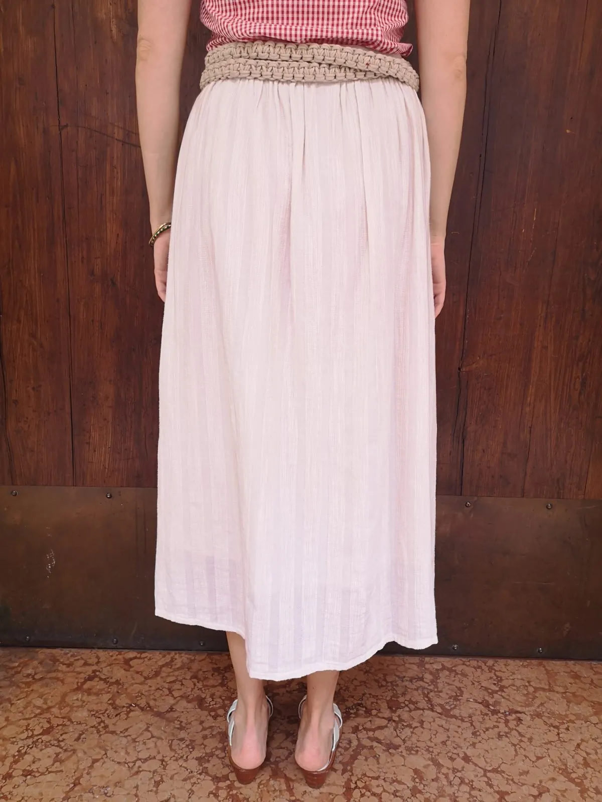 Gonna midi in garzina di cotone bianco crema a righe