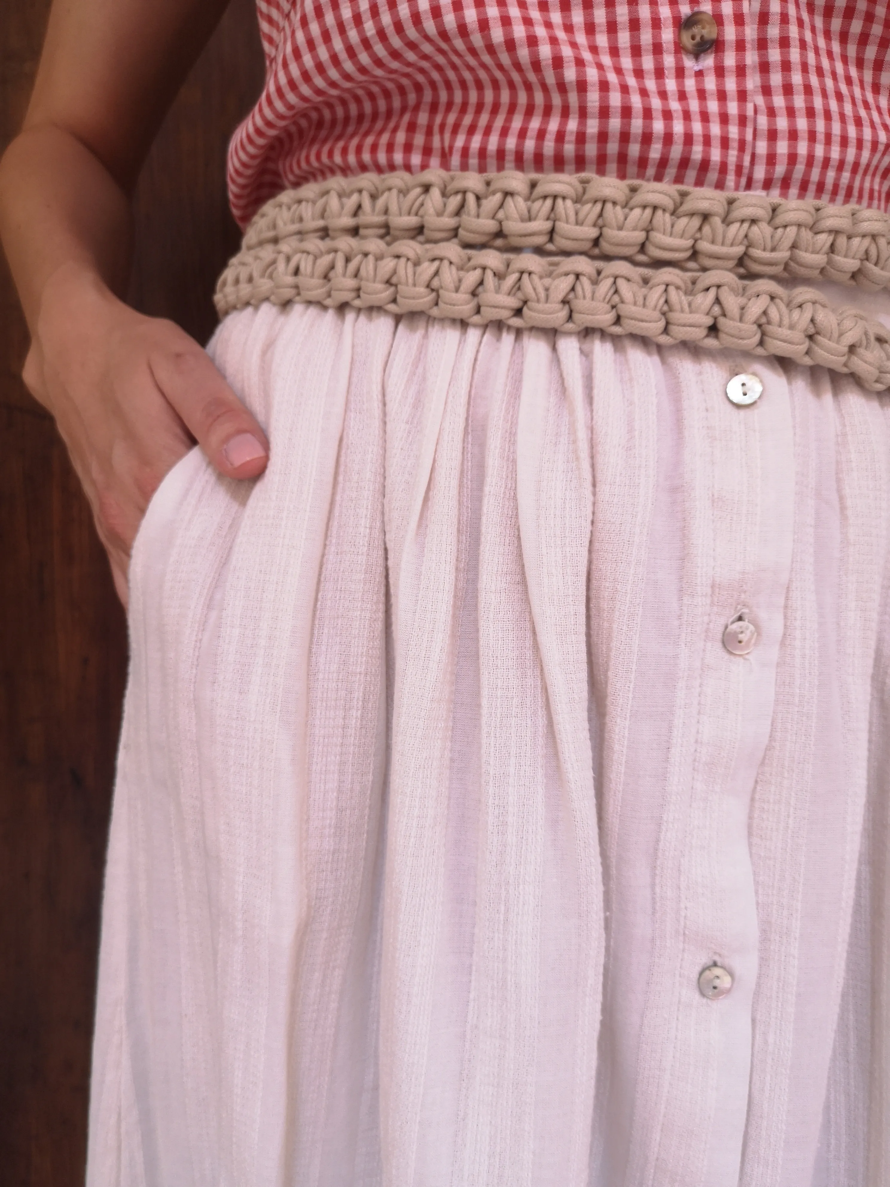 Gonna midi in garzina di cotone bianco crema a righe