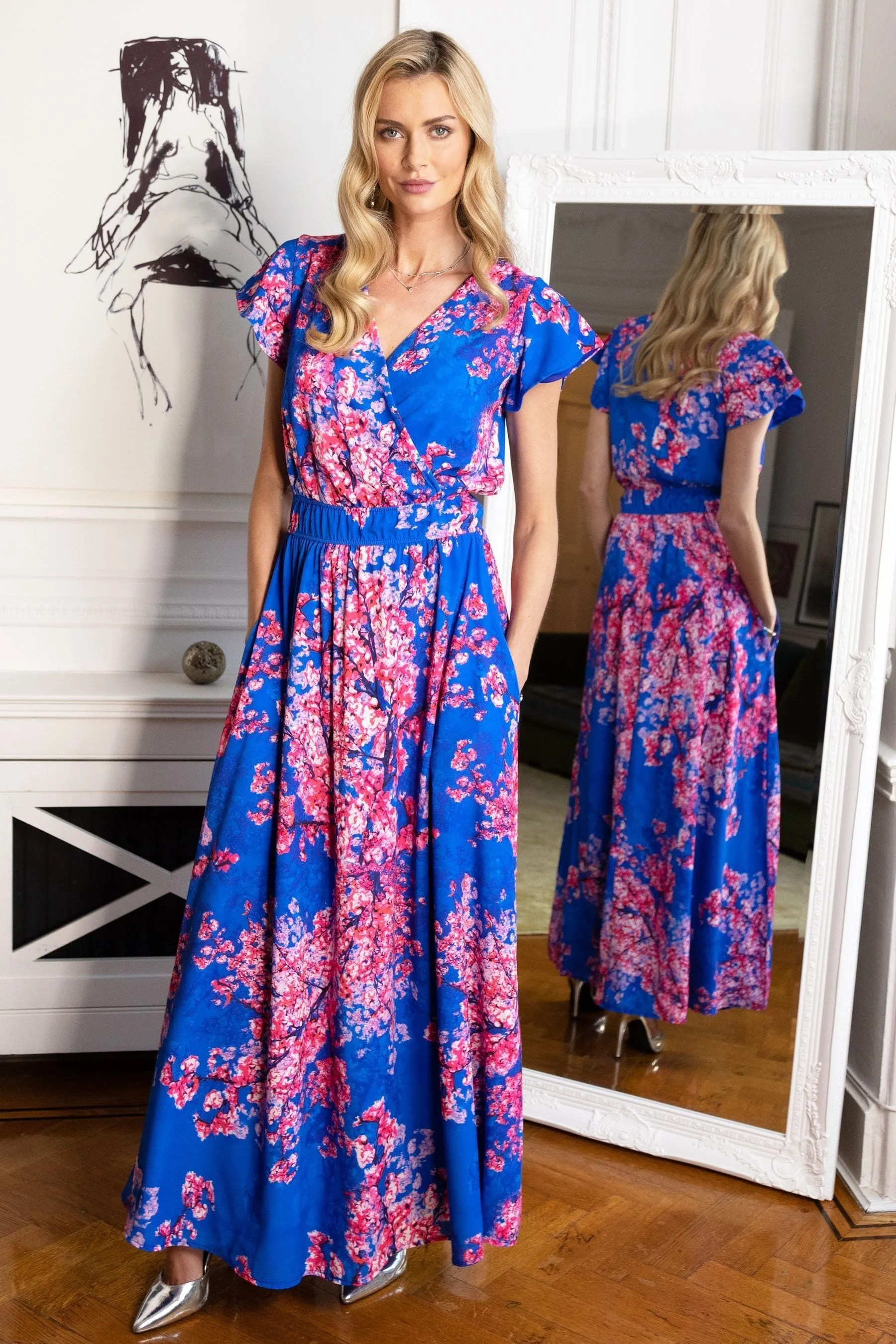 HotSquash - Blu - Abito maxi a portafoglio in chiffon