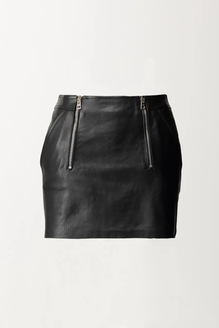 Minigonna in pelle con doppia zip Nero