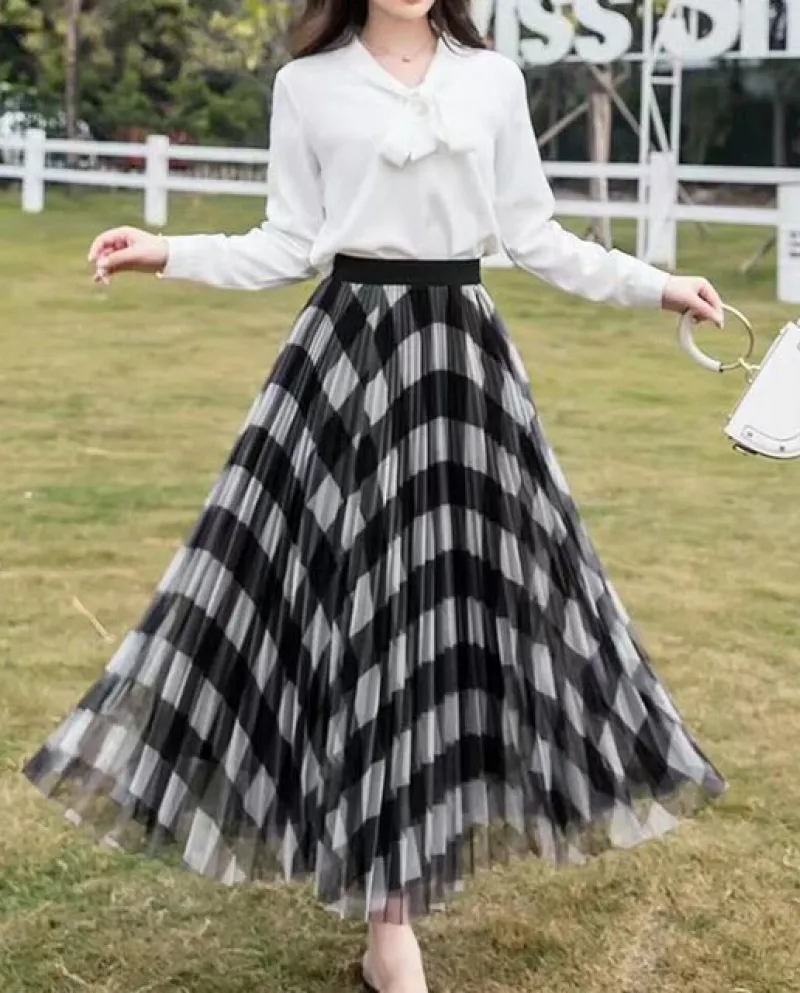 Moda Lattice Tulle Gonna A Pieghe 2022 Estate Nuovo Elegante Office Lady Commute Allmatch Elastico A Vita Alta Midi Gonne