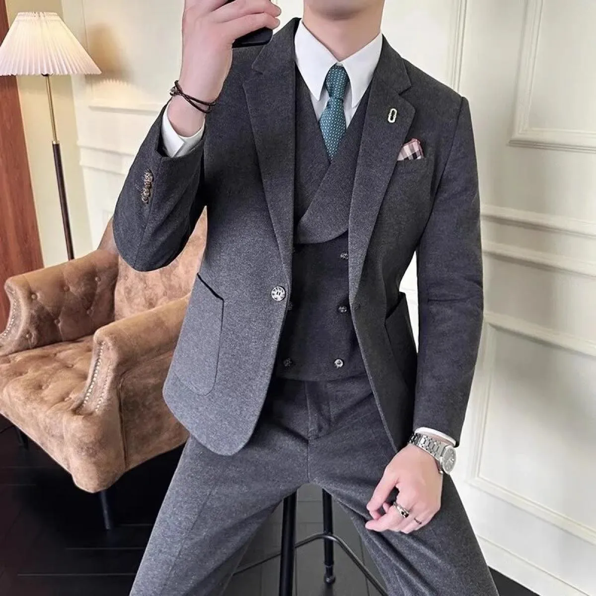 Moda nuovi uomini per il tempo libero Boutique pantaloni da abito slim in lana ispessita gilet 3 pezzi set / giacca casual da uo