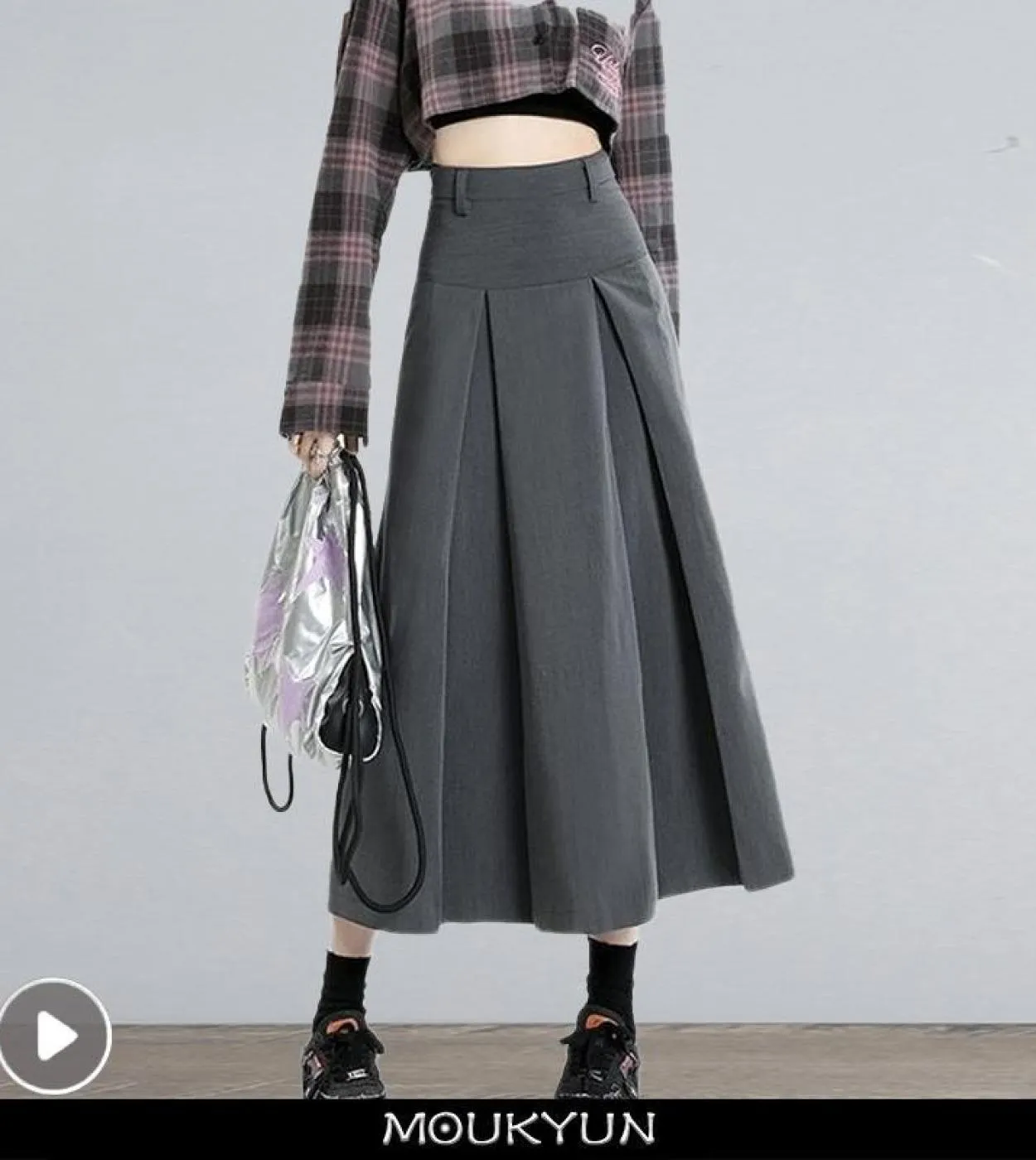 Moukyun A Line Gonna lunga da donna Vintage tinta unita grigia a vita alta gonne a pieghe gonna da donna Preppy Slim Streetwear