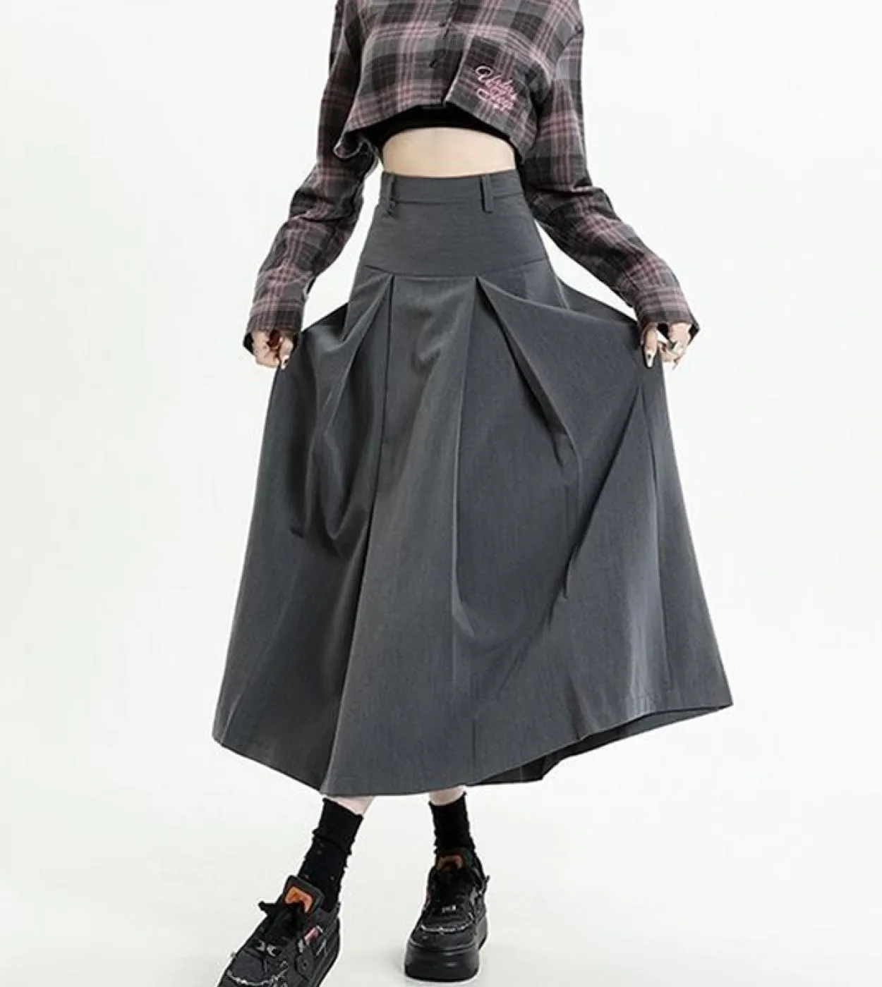 Moukyun A Line Gonna lunga da donna Vintage tinta unita grigia a vita alta gonne a pieghe gonna da donna Preppy Slim Streetwear