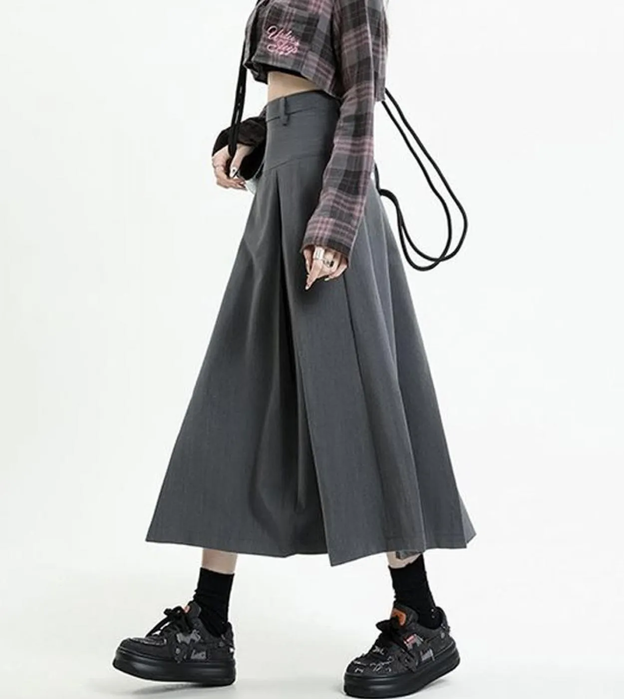 Moukyun A Line Gonna lunga da donna Vintage tinta unita grigia a vita alta gonne a pieghe gonna da donna Preppy Slim Streetwear