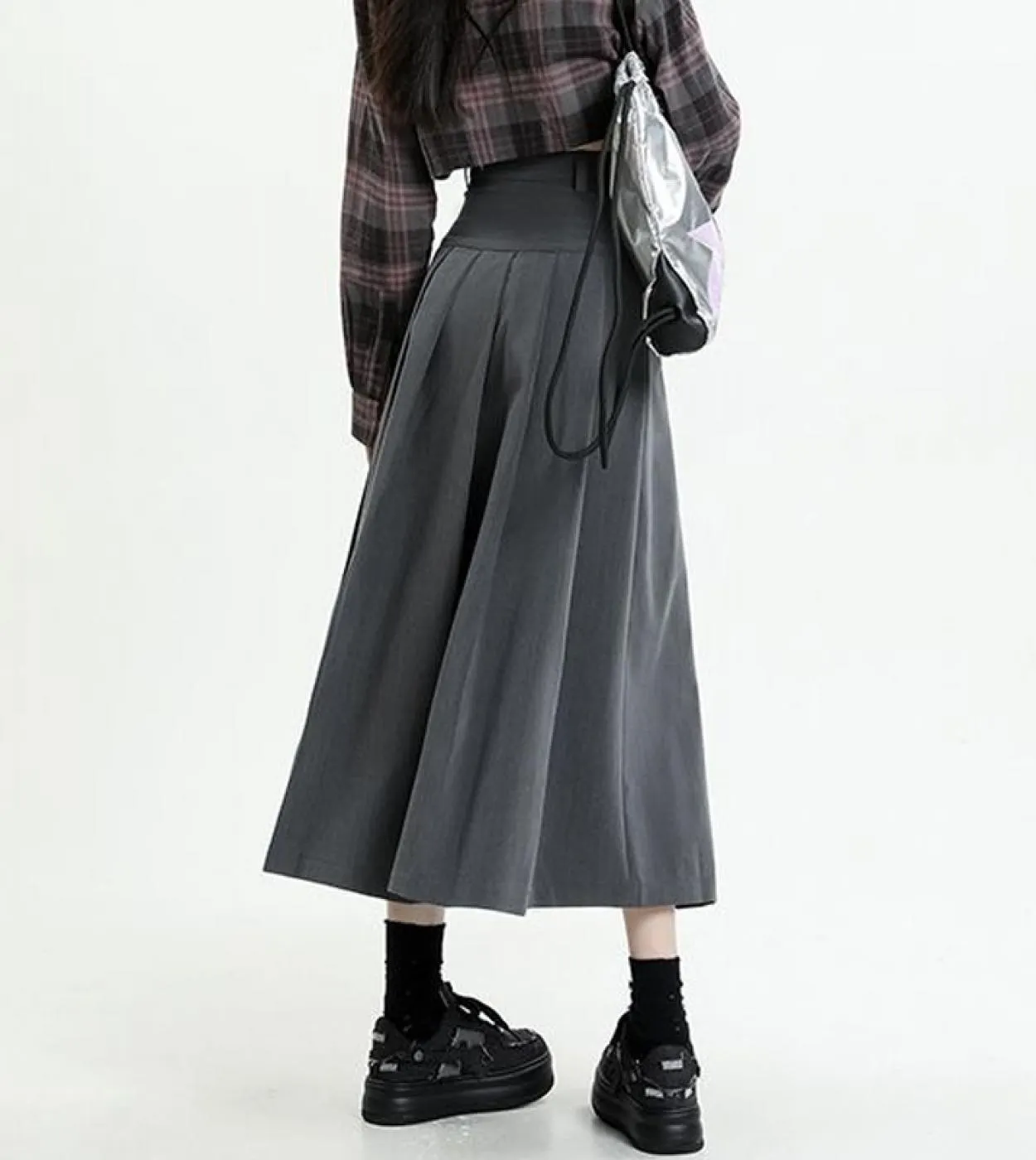 Moukyun A Line Gonna lunga da donna Vintage tinta unita grigia a vita alta gonne a pieghe gonna da donna Preppy Slim Streetwear