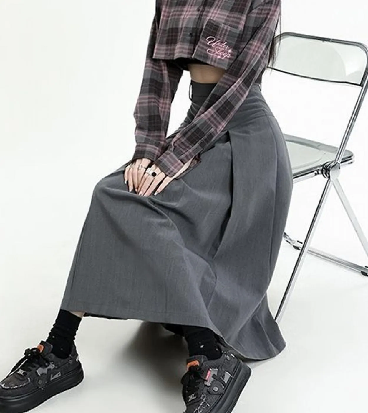 Moukyun A Line Gonna lunga da donna Vintage tinta unita grigia a vita alta gonne a pieghe gonna da donna Preppy Slim Streetwear
