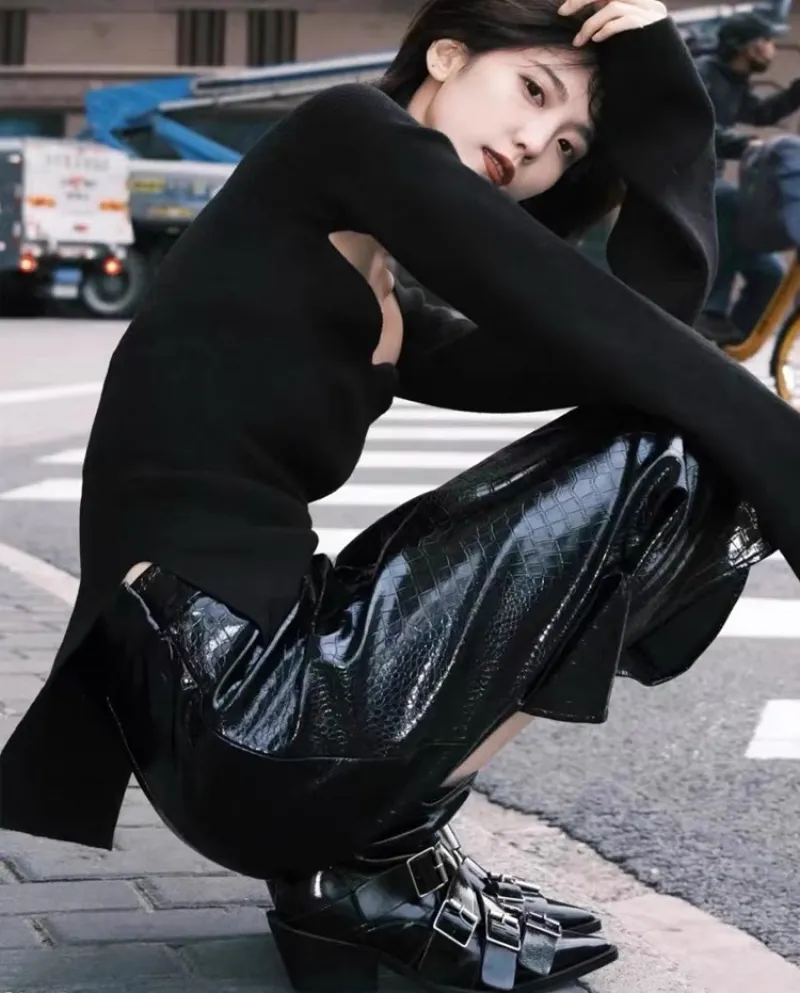 Nuovo stile autunno e inverno versatile stivali corti a punta con fibbia per cintura da donna con tacco spesso e cerniera poster