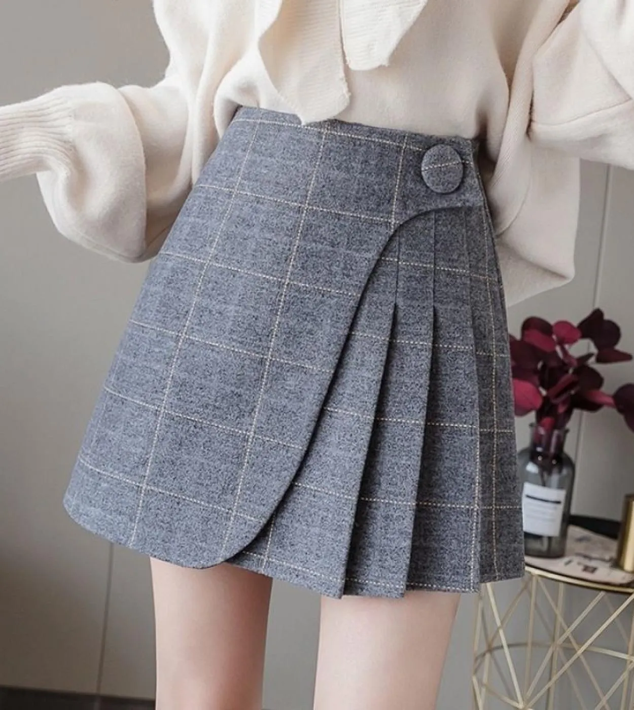 Pantaloncini con gonna a quadri Donna Primavera Inverno Gonna a pieghe in lana Moda Irregolare Una linea a vita alta Gonne a vit