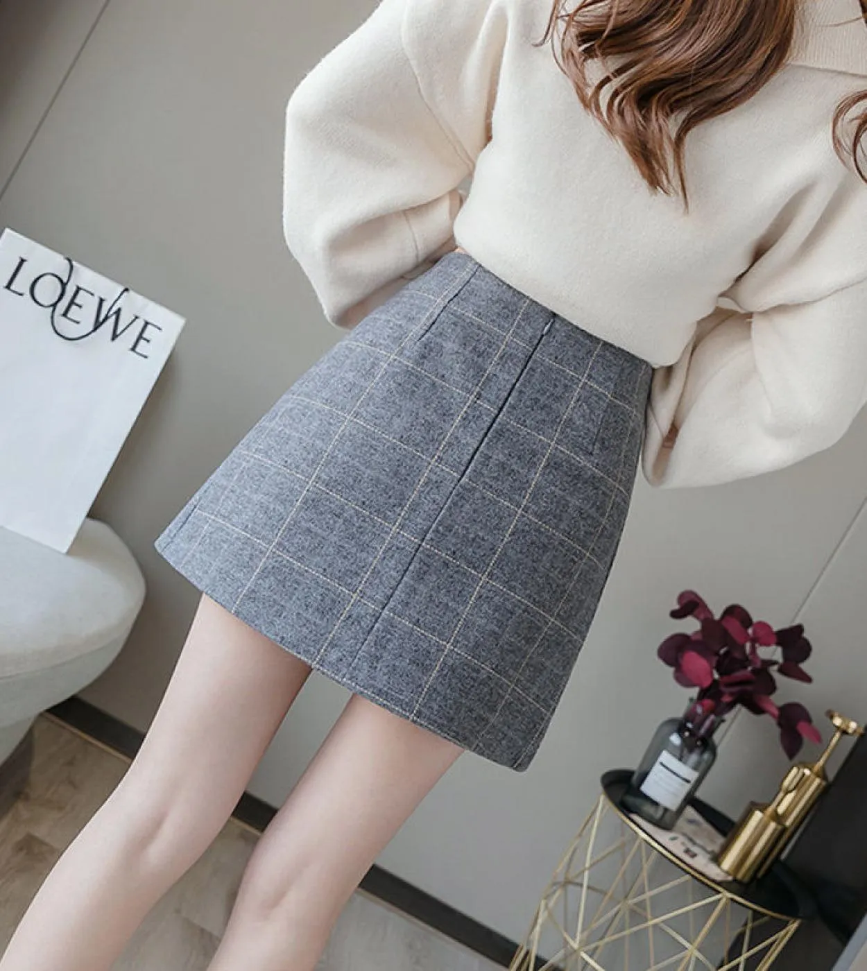Pantaloncini con gonna a quadri Donna Primavera Inverno Gonna a pieghe in lana Moda Irregolare Una linea a vita alta Gonne a vit