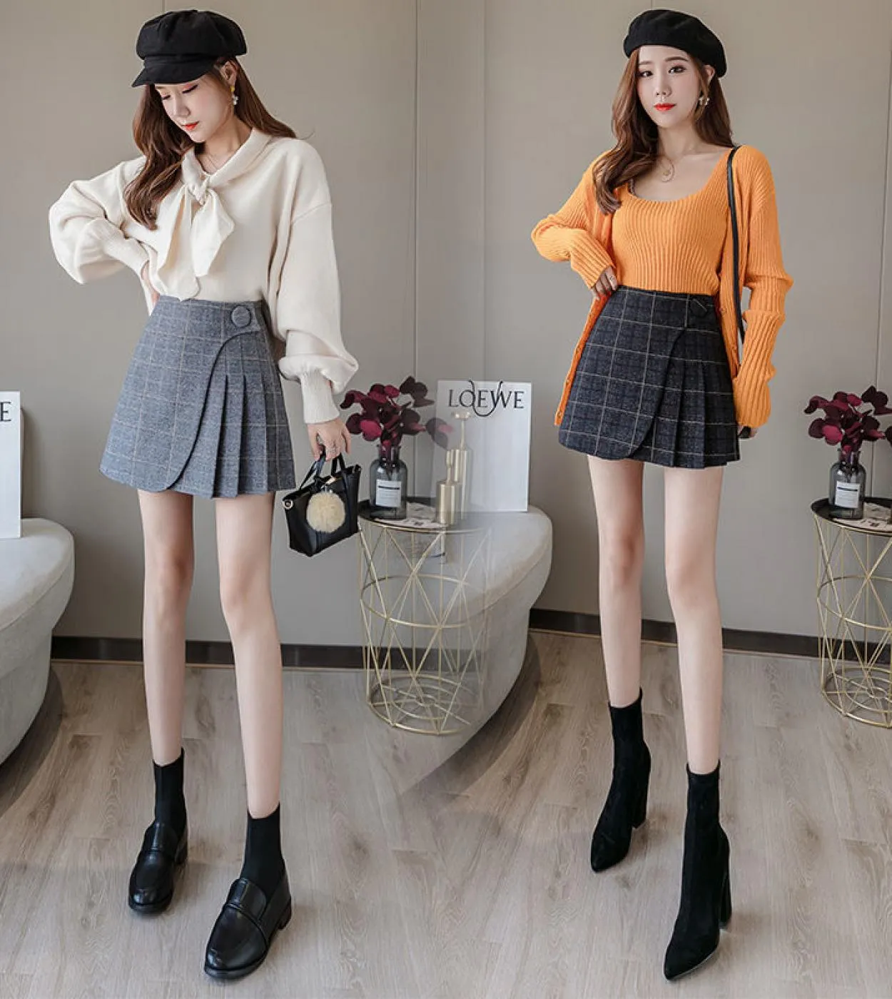 Pantaloncini con gonna a quadri Donna Primavera Inverno Gonna a pieghe in lana Moda Irregolare Una linea a vita alta Gonne a vit