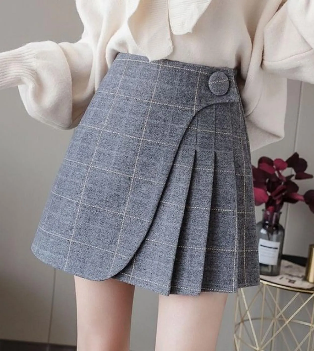 Pantaloncini con gonna a quadri Donna Primavera Inverno Gonna a pieghe in lana Moda Irregolare Una linea a vita alta Gonne a vit