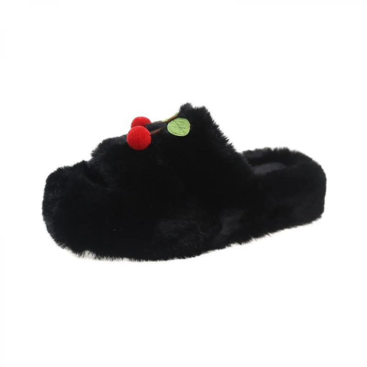 Pantofole in pelliccia di ciliegio Pantofole invernali da donna in tinta unita con pompon Ciabatte in pelliccia con punta aperta