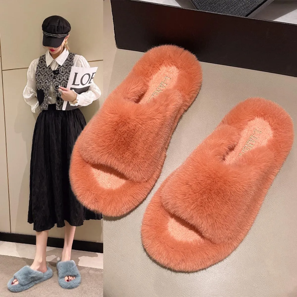 Pantofole invernali in soffice pelliccia di procione Scarpe da donna Infradito in pelliccia Ciabatte piatte in pelliccia pelosa