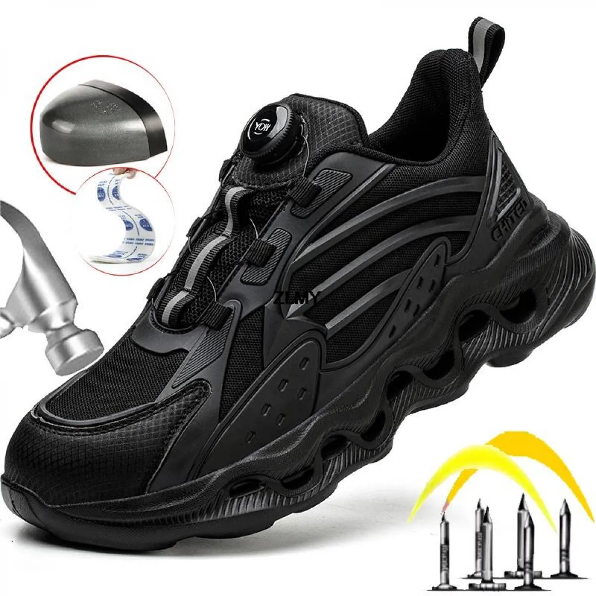 Pulsante ruotato Scarpe antinfortunistiche da uomo Sneaker con punta in acciaio Uomo Stivali antinfortunistici da lavoro facili