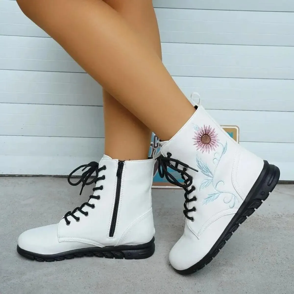 Scarpe Per Le Donne 2023 Nuovo Zip Ricama Punta Rotonda Zeppa Stivali Moderni Moda Classica Comoda Caviglia Delle Donne di Grand