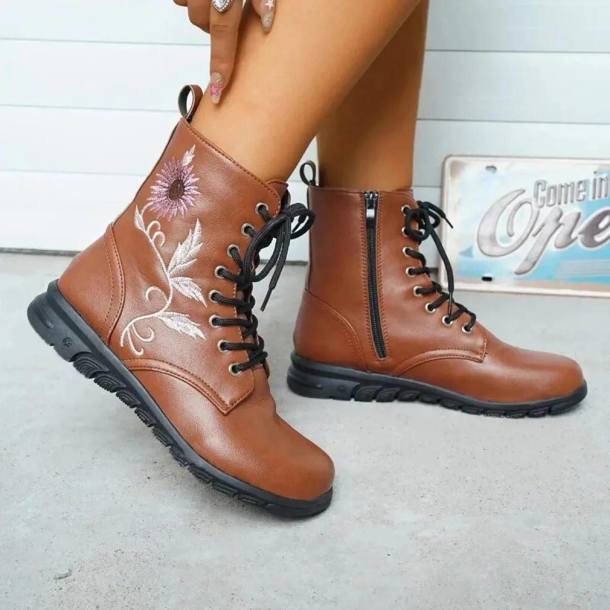 Scarpe Per Le Donne 2023 Nuovo Zip Ricama Punta Rotonda Zeppa Stivali Moderni Moda Classica Comoda Caviglia Delle Donne di Grand