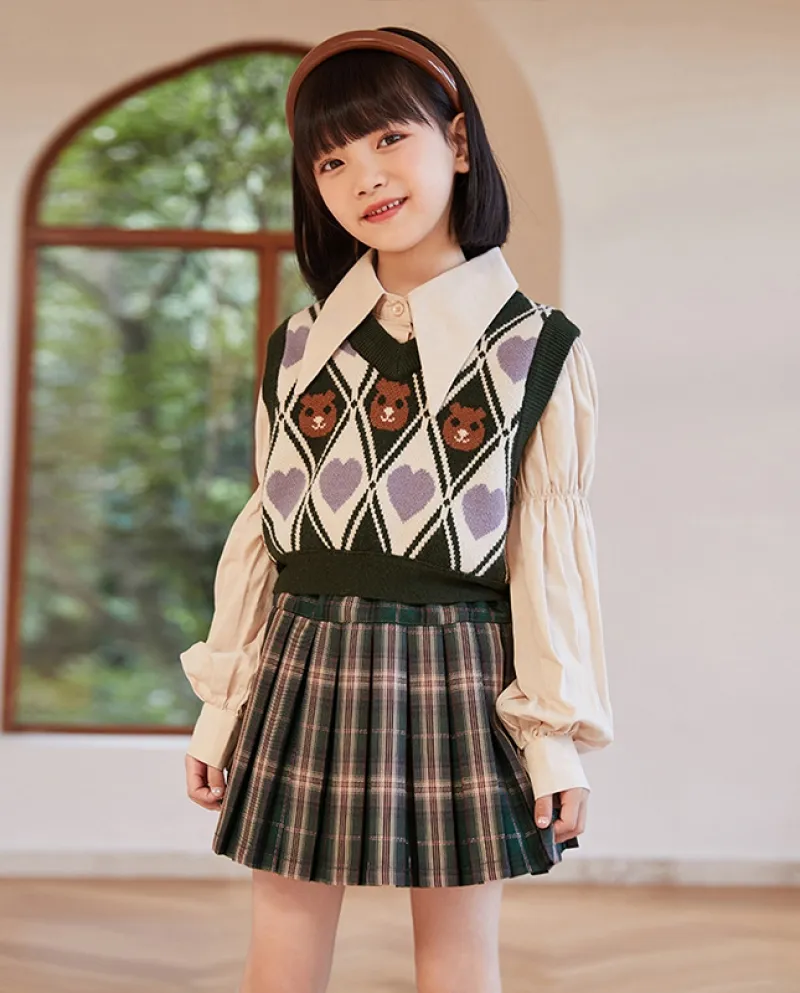Set da tre pezzi con gonna a pieghe, camicia autunnale per ragazze