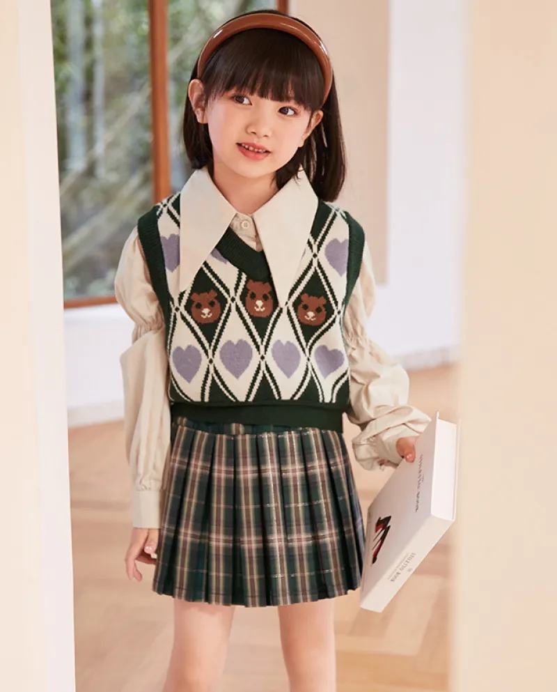 Set da tre pezzi con gonna a pieghe, camicia autunnale per ragazze