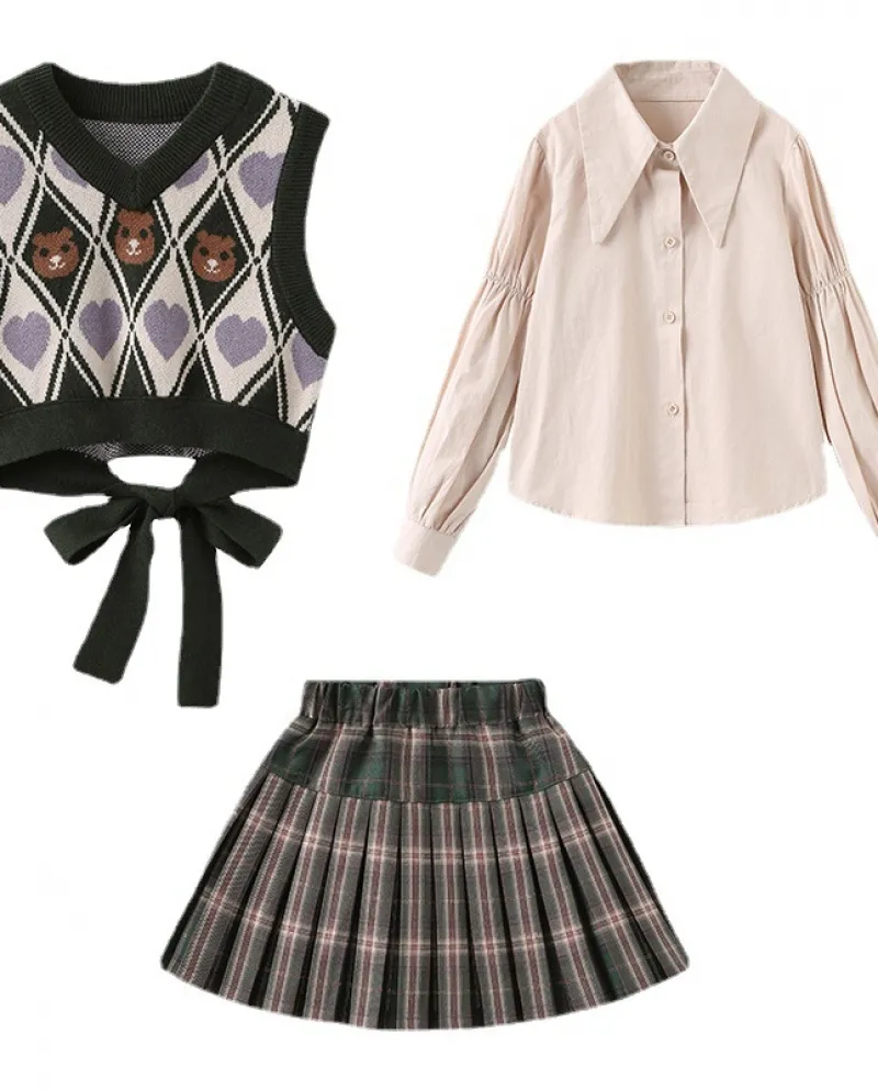 Set da tre pezzi con gonna a pieghe, camicia autunnale per ragazze