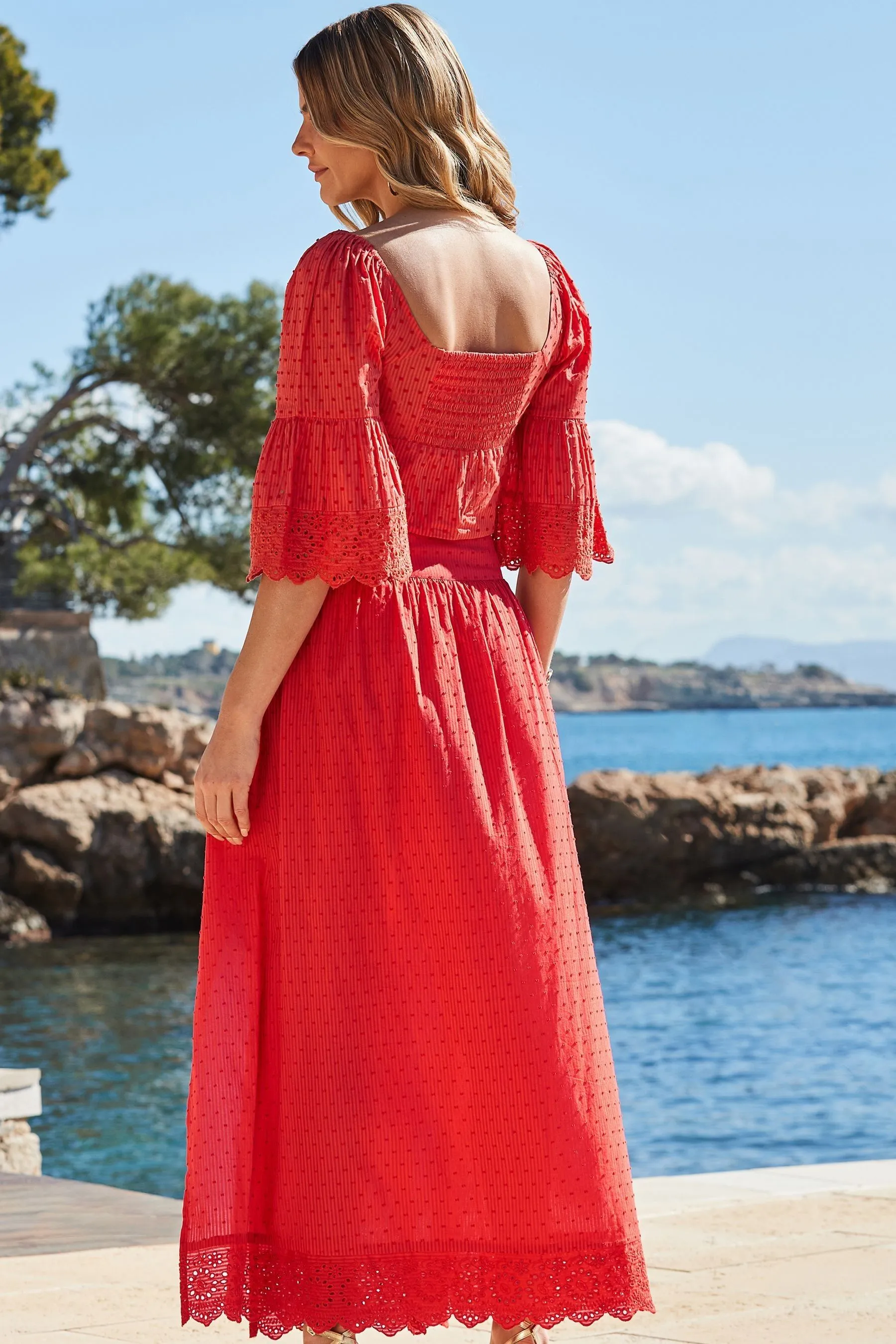 Sosandar Petite - Gonna midi ricamata con inserti in pizzo sangallo