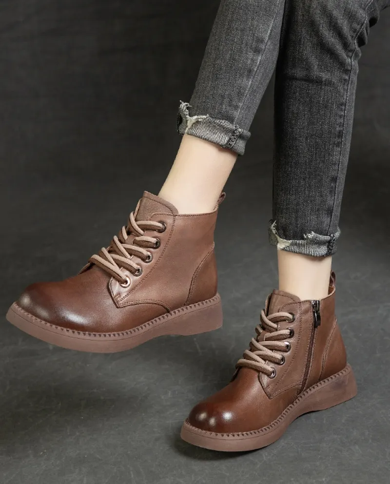 Stivali da donna in autunno e inverno Nuovo stile Stivali Martin con lacci con zeppa e suola spessa Morbida pelle bovina lucida