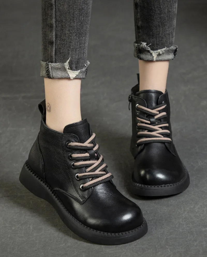 Stivali da donna in autunno e inverno Nuovo stile Stivali Martin con lacci con zeppa e suola spessa Morbida pelle bovina lucida