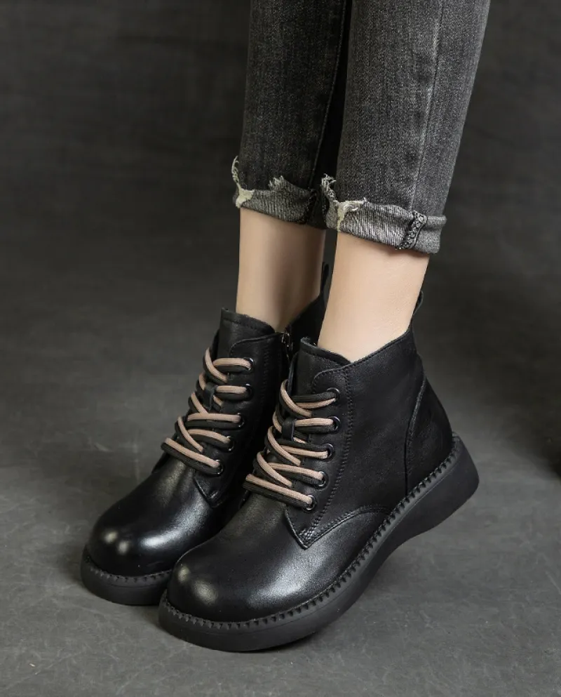 Stivali da donna in autunno e inverno Nuovo stile Stivali Martin con lacci con zeppa e suola spessa Morbida pelle bovina lucida