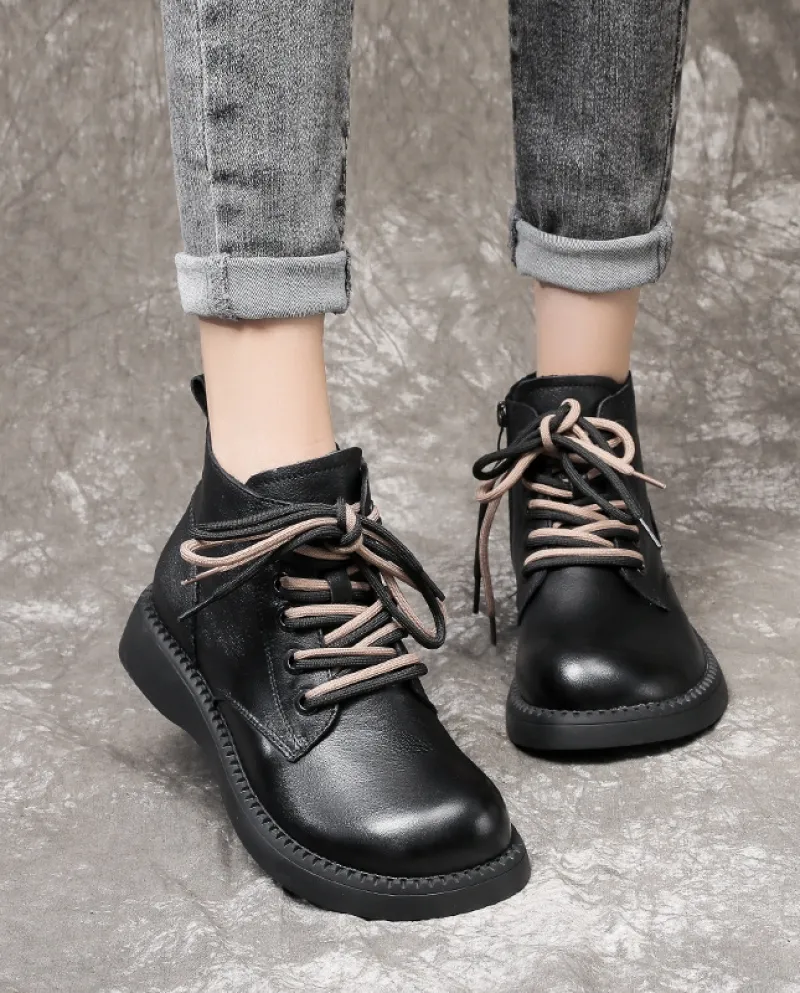 Stivali da donna in autunno e inverno Nuovo stile Stivali Martin con lacci con zeppa e suola spessa Morbida pelle bovina lucida