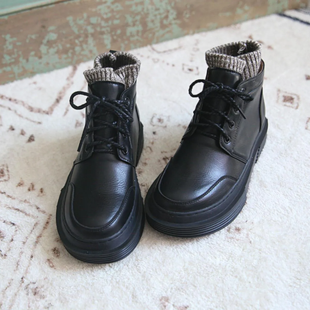 Stivali da donna originali in tubo di lana retrò letterari Stivali corti con plateau stile britannico Mori Girl fatti a mano com