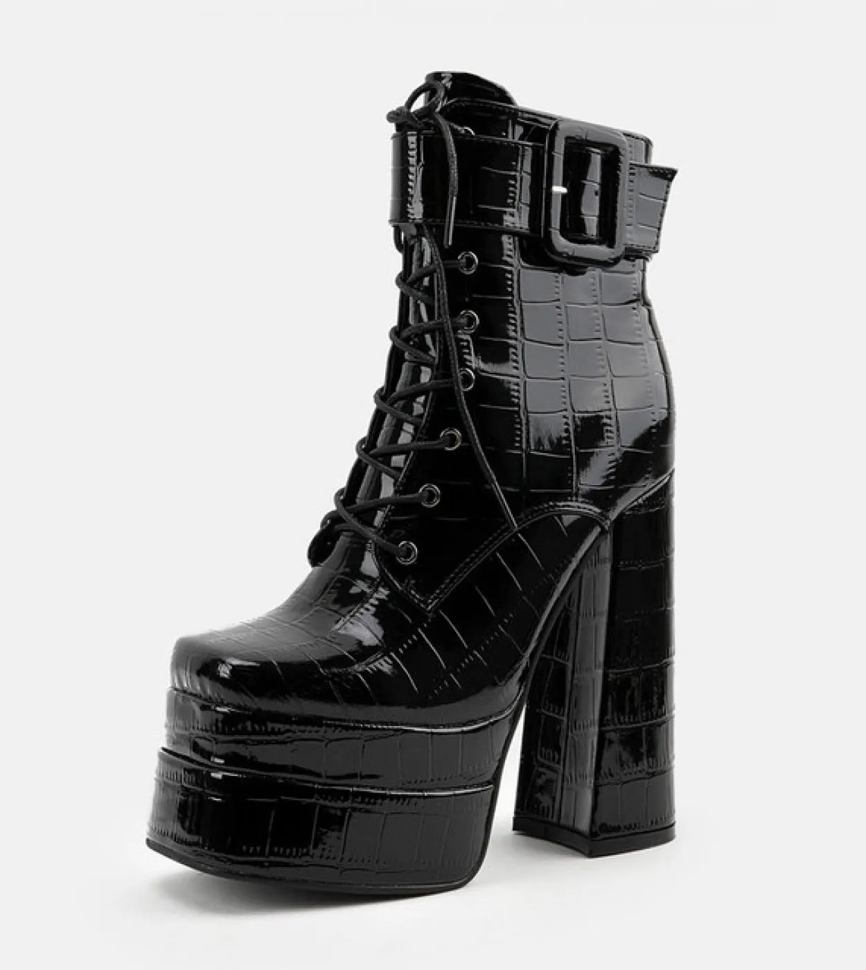 Stivali da moto da donna in pelle verniciata moda Autunno Inverno Zeppe con plateau Tacchi alti Cinturino con fibbia Goth Punk S