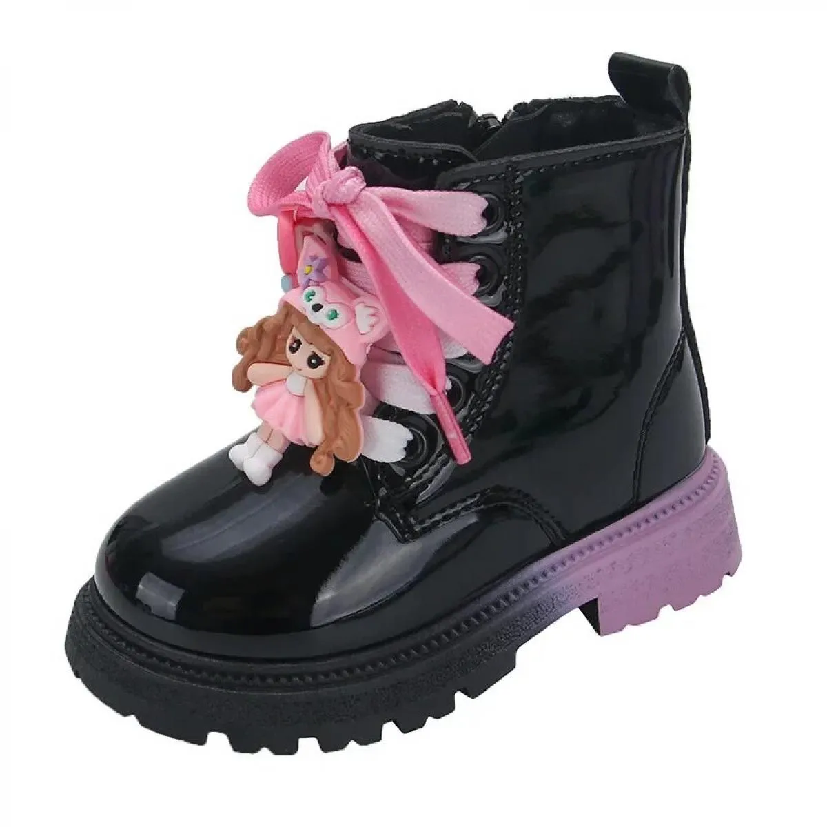 Stivali della nuova ragazza 2024 Autunno Rosa Viola Pelle Verniciata Carino Bambini Breve Boot Size 22 33 Bambino Chunky Moda Ba