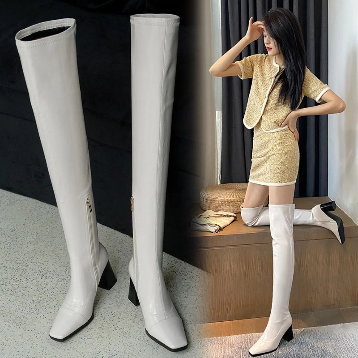 Stivali sopra il ginocchio da donna con tacco alto in vera pelle Autunno Inverno Punta quadrata Night Club Scarpe da festa Décol