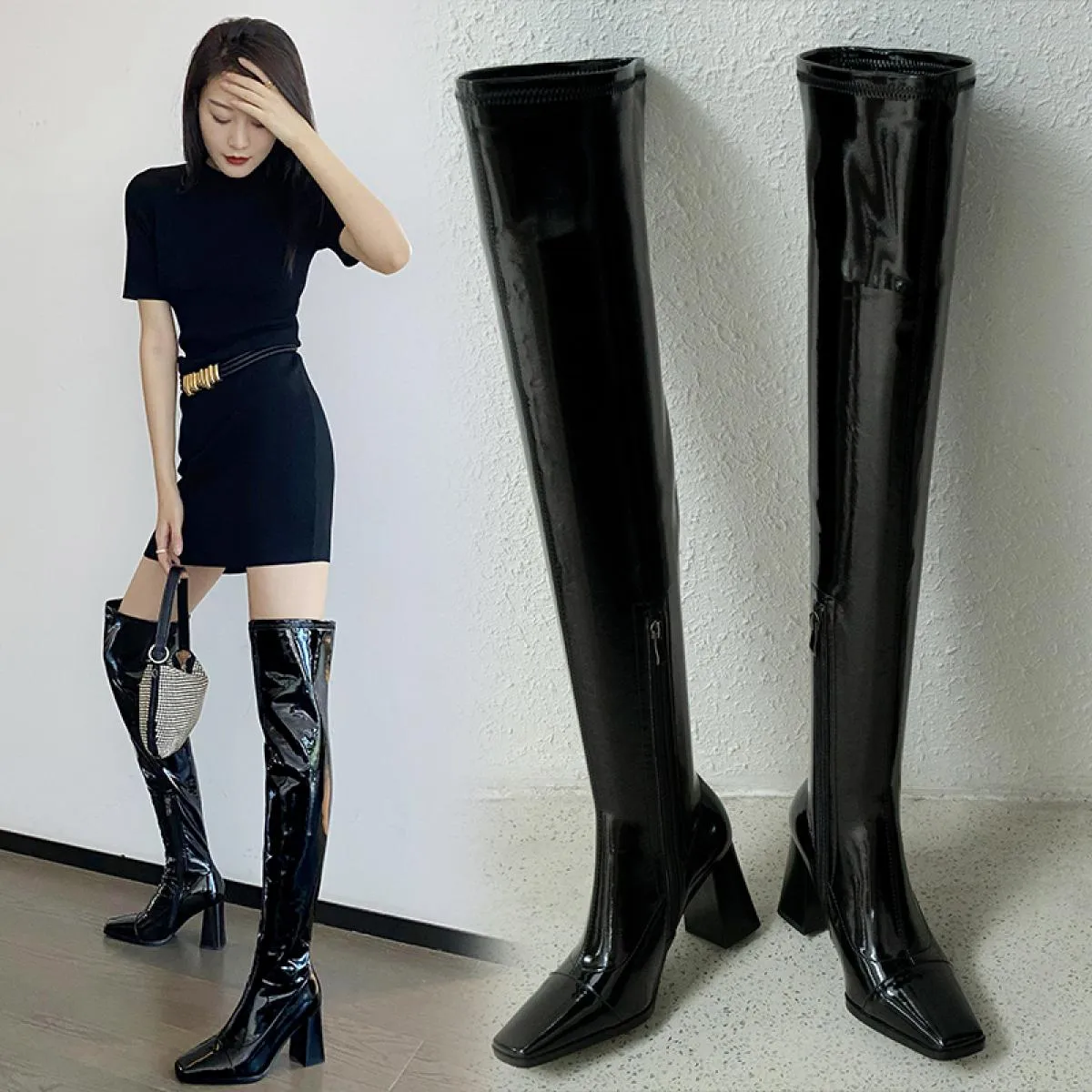Stivali sopra il ginocchio da donna con tacco alto in vera pelle Autunno Inverno Punta quadrata Night Club Scarpe da festa Décol