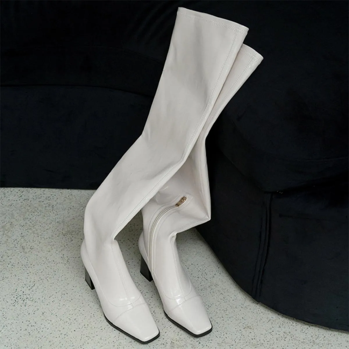 Stivali sopra il ginocchio da donna con tacco alto in vera pelle Autunno Inverno Punta quadrata Night Club Scarpe da festa Décol