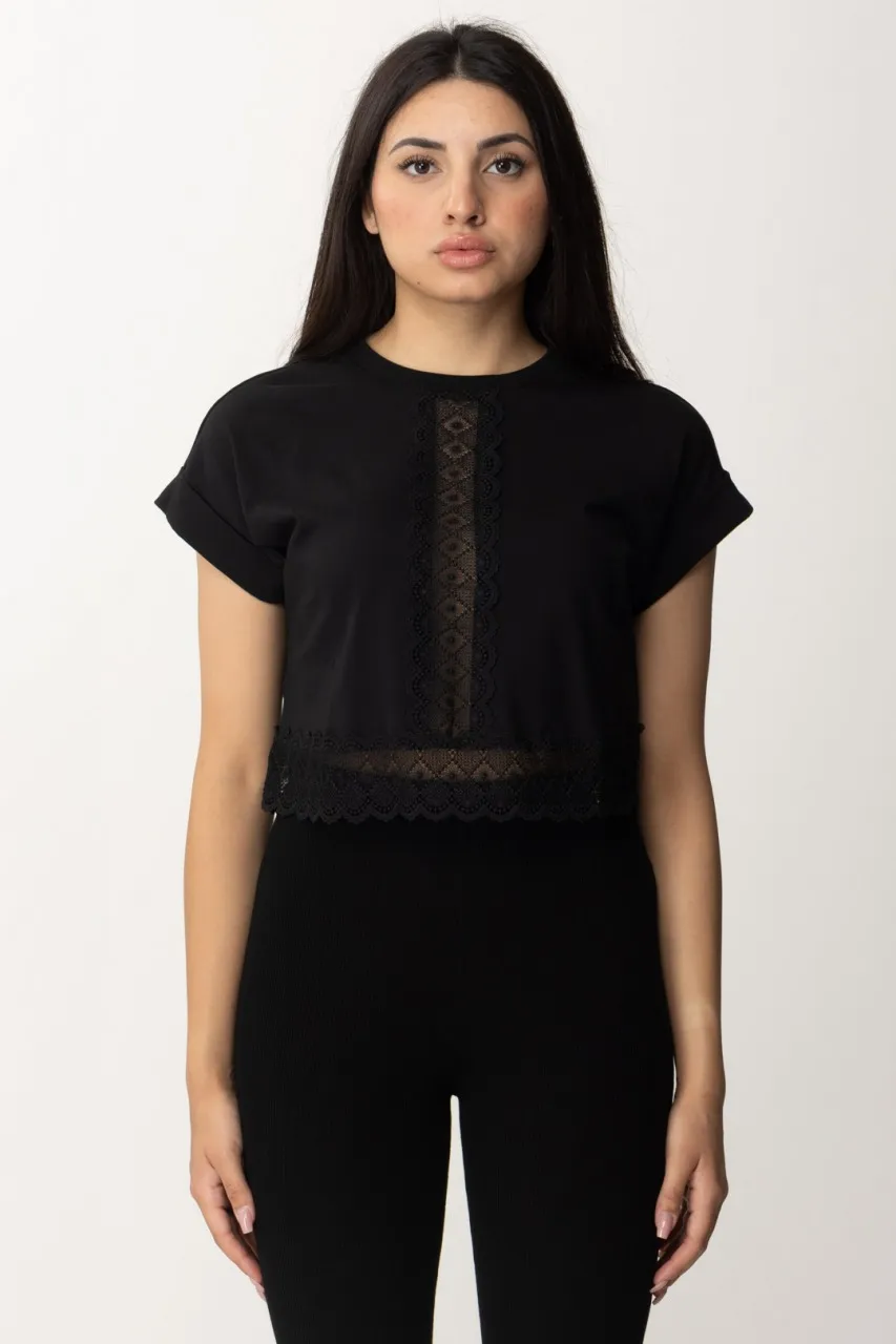 T-shirt crop con passamanerie Nero