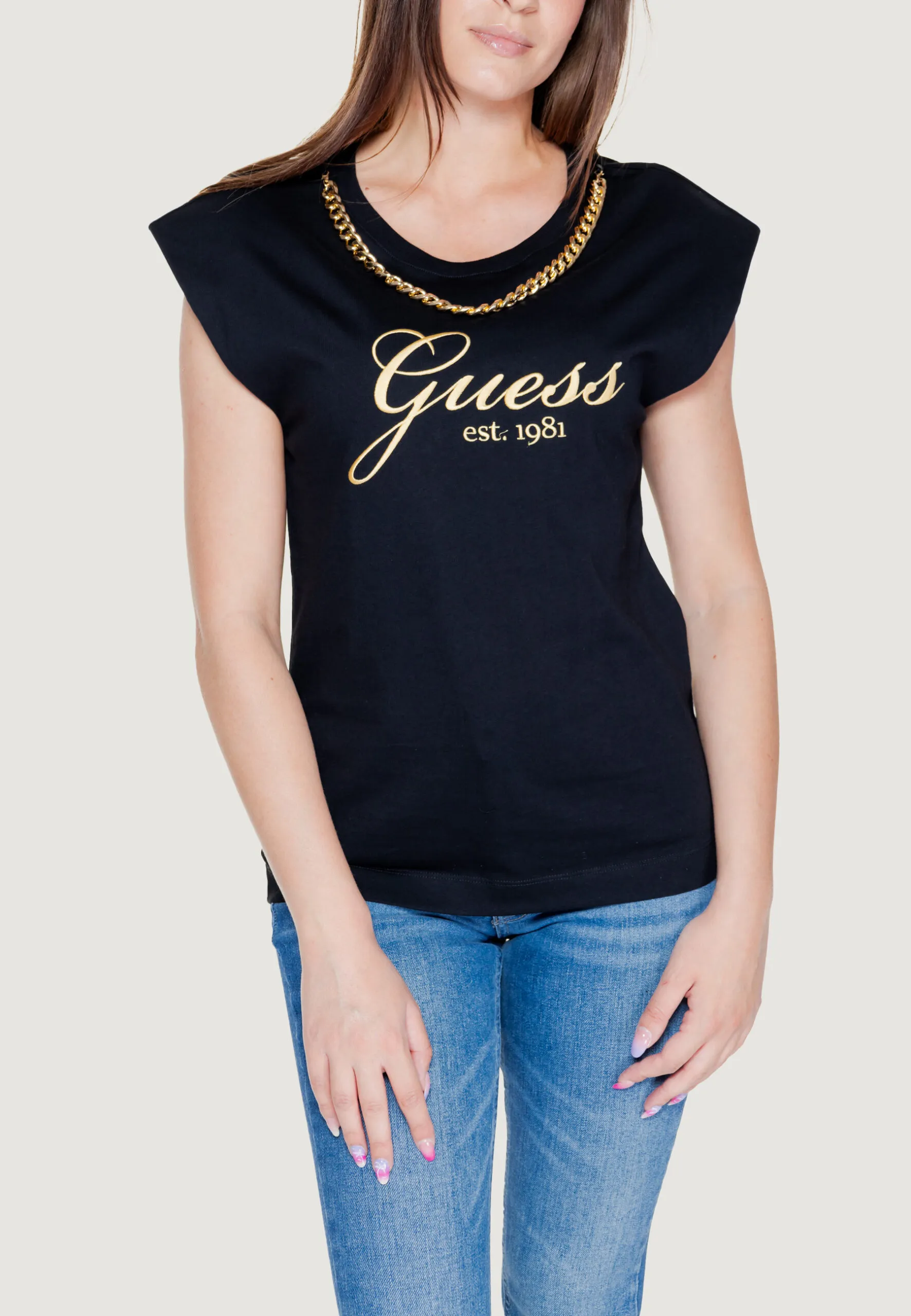 T-shirt Guess SS CN CRYSTAL LOGO Nero