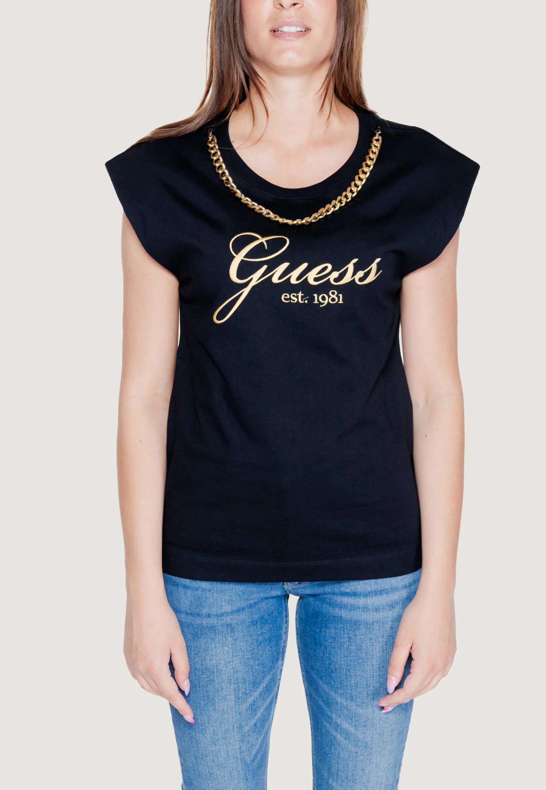 T-shirt Guess SS CN CRYSTAL LOGO Nero
