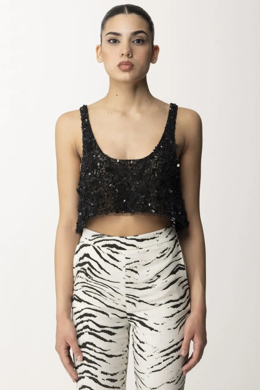 Top crop in tulle con paillettes e frange Nero