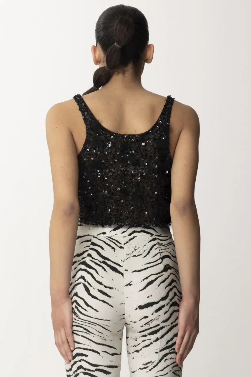 Top crop in tulle con paillettes e frange Nero