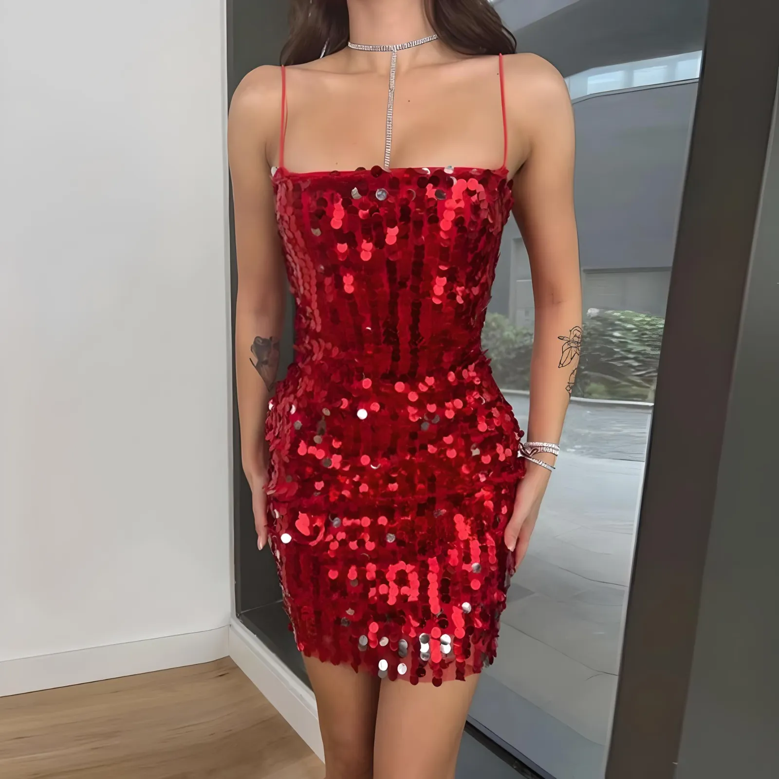 Vestito Donna Elegante Party Festa Paillettes Bretelle Aderente Scollo Quadrato
