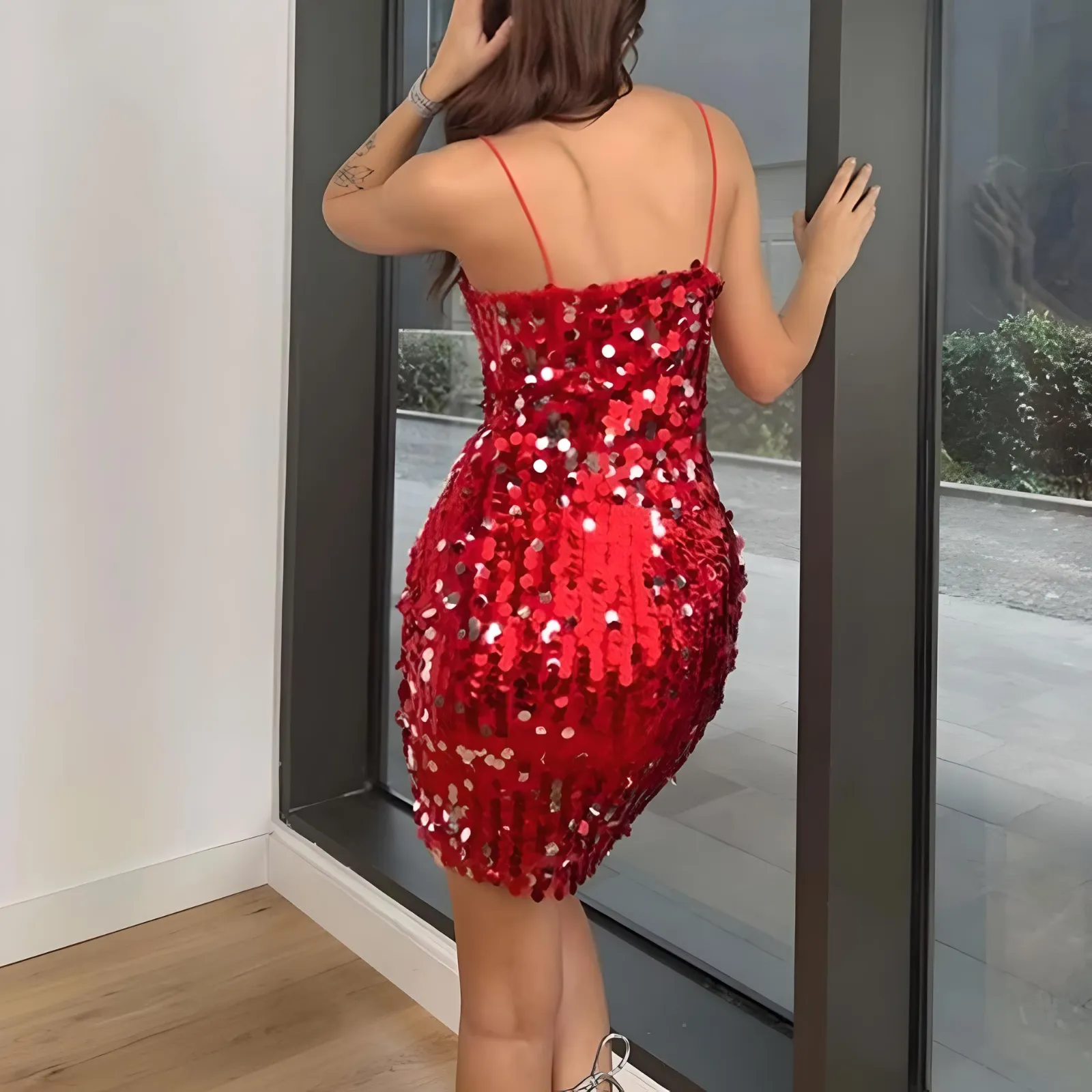 Vestito Donna Elegante Party Festa Paillettes Bretelle Aderente Scollo Quadrato