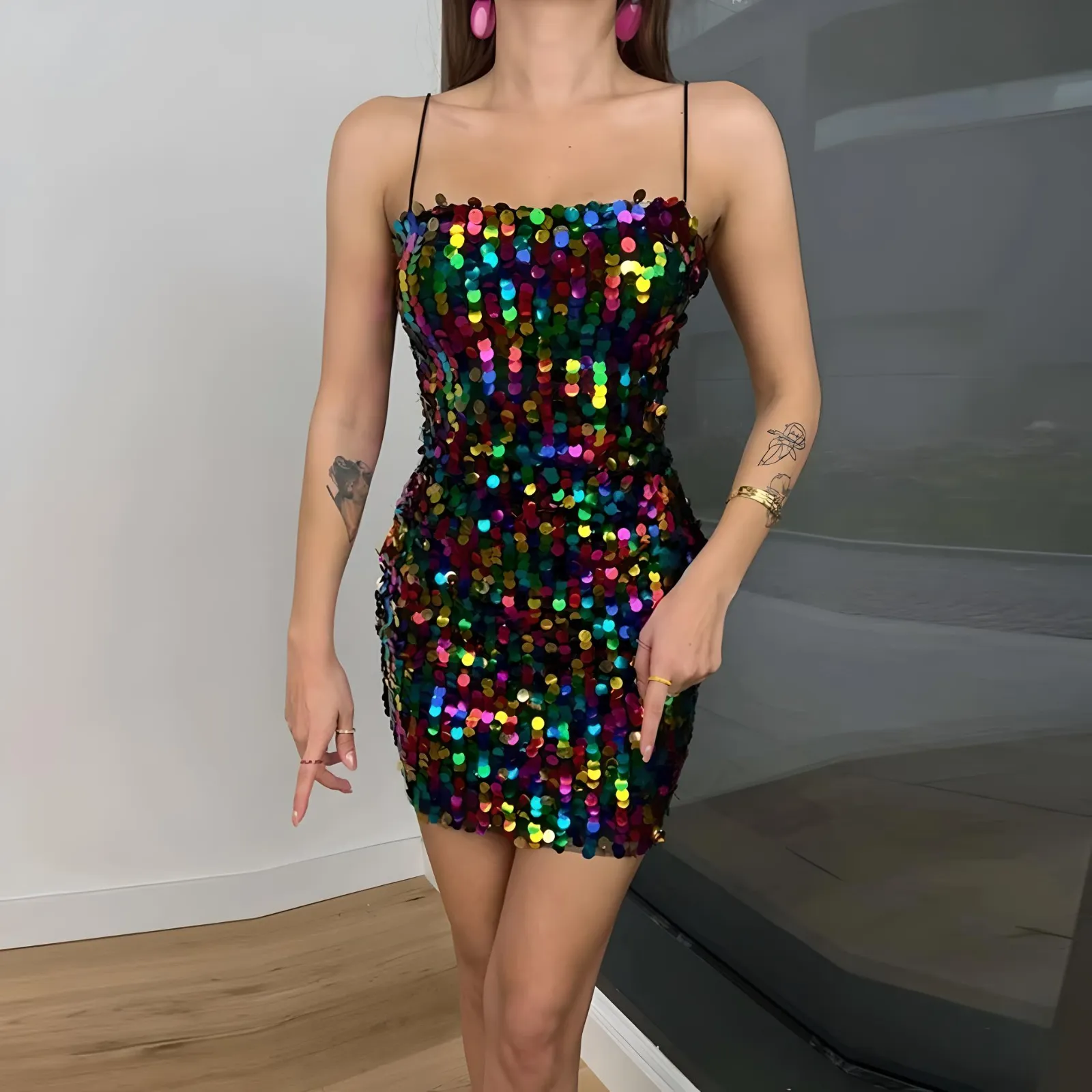 Vestito Donna Elegante Party Festa Paillettes Bretelle Aderente Scollo Quadrato