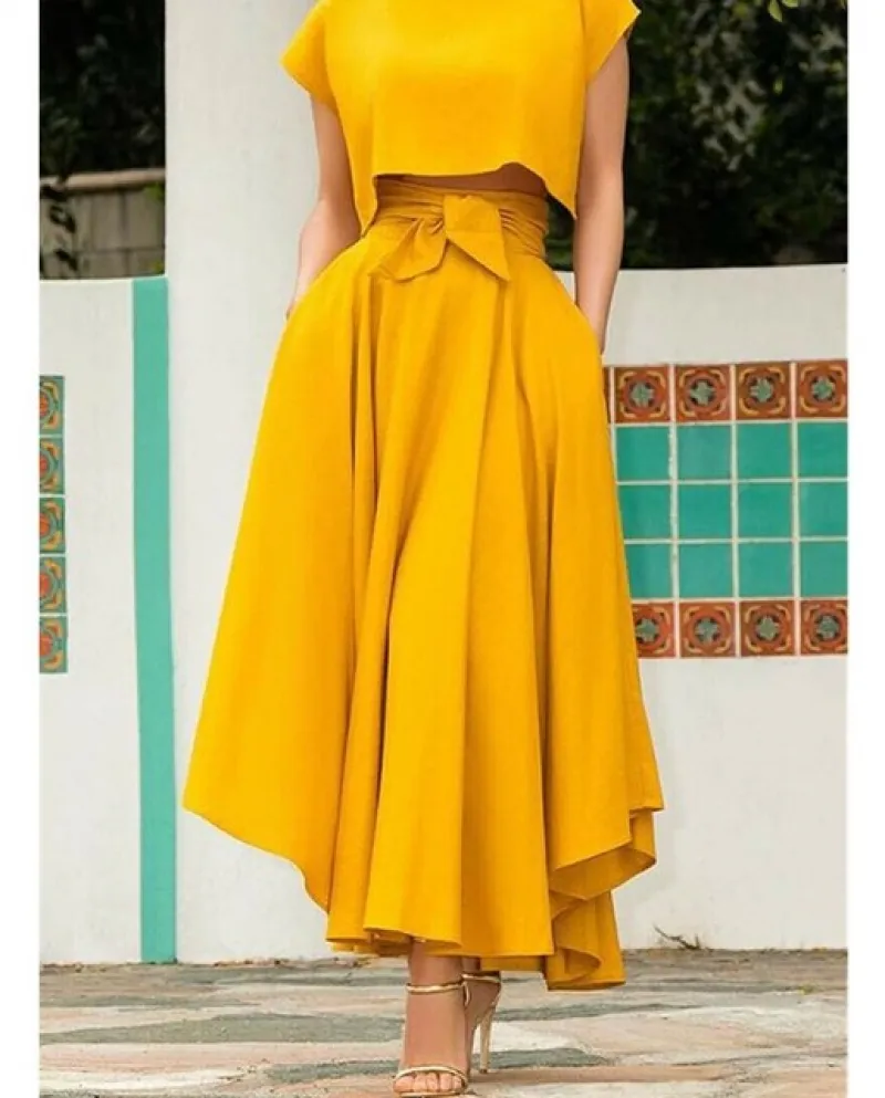Wsevypo Gonna a pieghe svasata a vita alta da donna Elegante fiocco alla moda