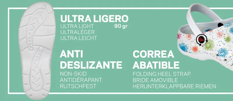 Zoccolo in EVA stampato ultraleggero, privo di lattice, monoscocca, anatomico e antiscivolo. Colore bianco